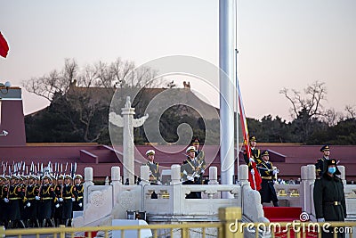 China national flag honor guards coming out for hoisting flg Editorial Stock Photo