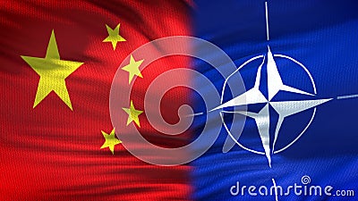 China and NATO flags background, diplomatic and economic relations, security Editorial Stock Photo