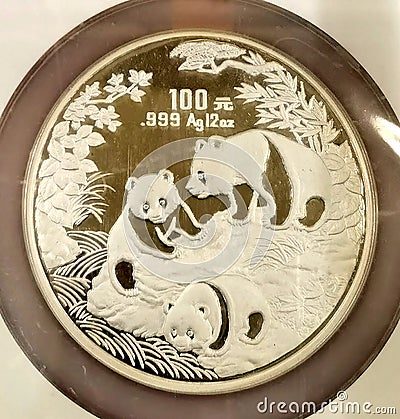 1992 China Panda Silver Coin Precious Metals Inflation Bamboo RMB 100 Yuan Collectible SLV Ag999 12oz Auction Pandas Coins Editorial Stock Photo