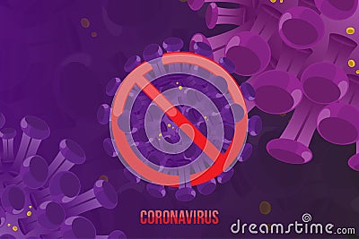 China pathogen respiratory coronavirus with stop sign. Flu spreading of the world. Floating flu virus and cancer cells. Flat Cartoon Illustration
