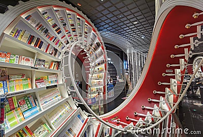 China Qianhai OCT Shenzhen Zhongshuge Bookstore Interior Design Books Spiral Tunnel Storage Shelf Kaleidoscopic Dramatic Editorial Stock Photo