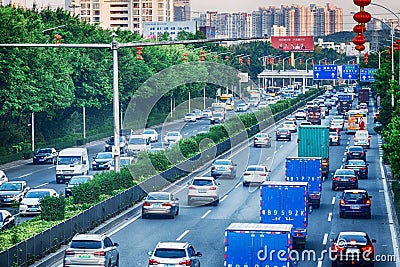 Day traffic, peak hour in big town, jam from many cars on divided highway road, busy city street, top view. Editorial Stock Photo