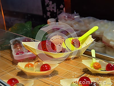 China Sichuan Chengdu Jinli Ancient Street Alley Flower Jelly Floral Furits Snack Street Food Spicy Cuisine Dessert Souvenir Stock Photo