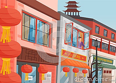 Chinese street, oriental woman at the window. Red chinese lanterns. Shopping Asian street with shops Vector Illustration