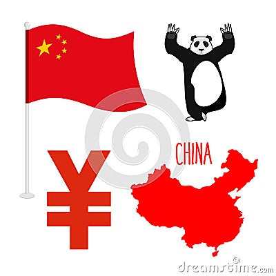 China symbol icons set. Map and flag of country. Sign of national currency yen. Panda Bear Chinese national animal Vector Illustration