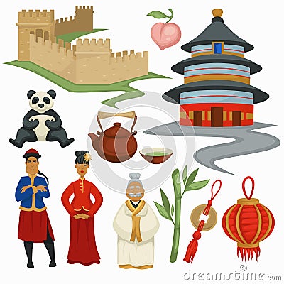 China symbols culture and architecture food and animal traditional clothing Vector Illustration