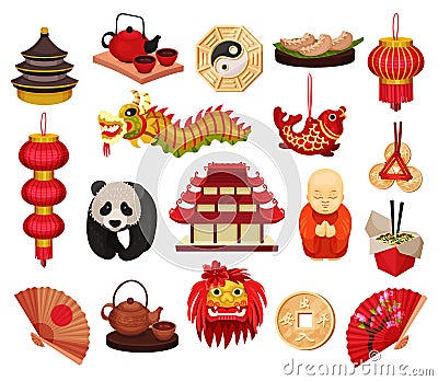 China symbols set. Travel attractions, traditional cultural objects. Pagoda building, lantern, panda bear, fun, tea Vector Illustration