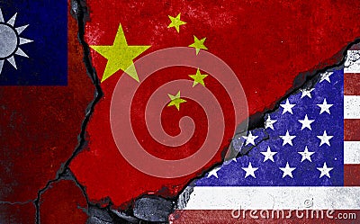 China Taiwan and USA flag on broken wall crack for conflict relation among three countries concept Stock Photo
