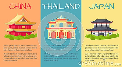 China, Thailand and Japan Buildings Web Banner Vector Illustration