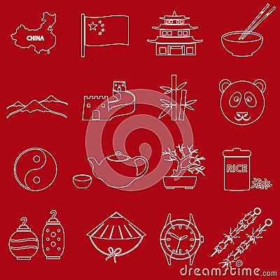 China theme red and white outline icons set Vector Illustration
