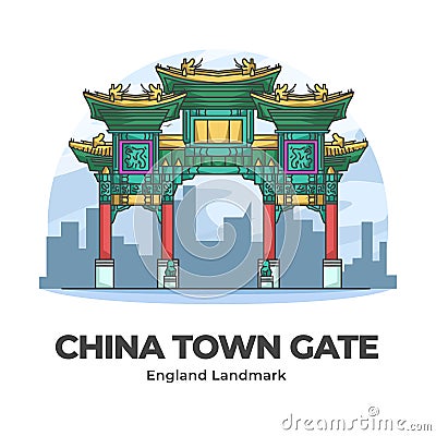 China Town Gate England Landmark Minimalist Cartoon Illustration Vector Illustration