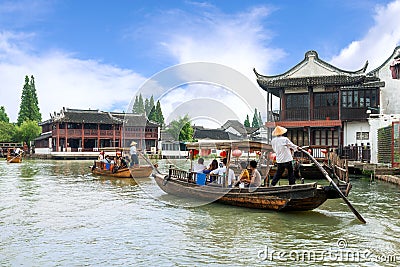 China tradition tourist boats on canals of Shanghai Zhujiajiao W Editorial Stock Photo