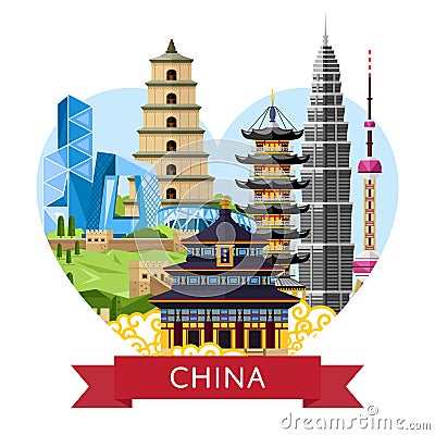 China travel concept with famous asian buildings Vector Illustration