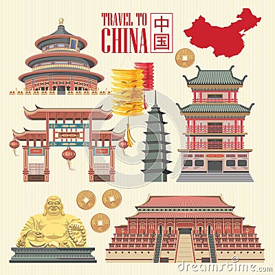 China travel illustration with chinese buildings. Chinese set with architecture, food, costumes. Chinese tex Vector Illustration