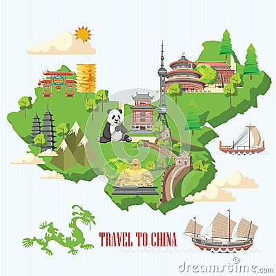 China travel illustration with chinese green map. Chinese set with architecture, food, costumes, traditional symbols. Chinese tex Vector Illustration