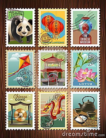 China Travel Stamps Set Poster Vector Illustration