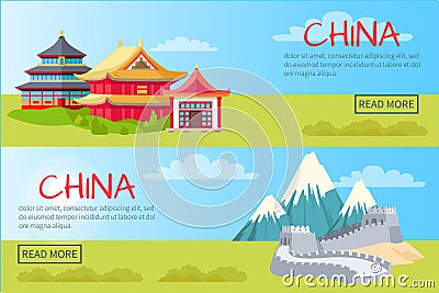 China Two Pictures Set of Houses and Great Wall Vector Illustration