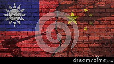 China versus Taiwan, the two flags of the countries on an old brick wall Stock Photo