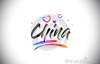 China Welcome To Word Text with Love Hearts and Creative Handwritten Font Design Vector Vector Illustration
