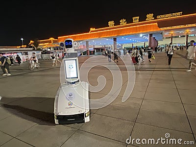 China Zhuhai Gongbei Port Border Gate Artificial Intelligence Security Guards Advertising Robot Machine Mobile Computer Announcer Editorial Stock Photo