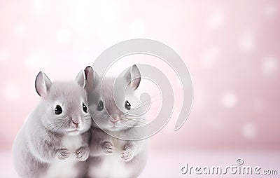 Chinchillas. Two funny chinchillas on a light blurred bokeh background, copy space. Hugging domestic animals. National hug day Stock Photo