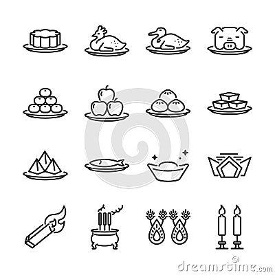 Chinese Ancestor Worship line icon set. Included the icons as Joss paper, candles, incense burner, food, dessert, fruits and more. Vector Illustration