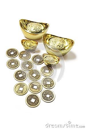 Chinese Ancient Coins and Gold Ingots Stock Photo