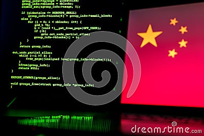 Chinese anonymous hackers. China flag and programming code in background Stock Photo