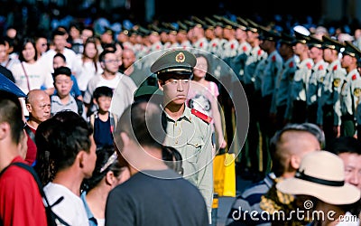 Chinese armed police command traffic in line on Nanjing Road Editorial Stock Photo