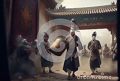 Chinese army soldiers in ancient China empire are parading and marching i. People lifestyle and historical concept. Digital art Cartoon Illustration