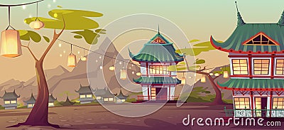 Chinese, asian village with traditional houses Vector Illustration