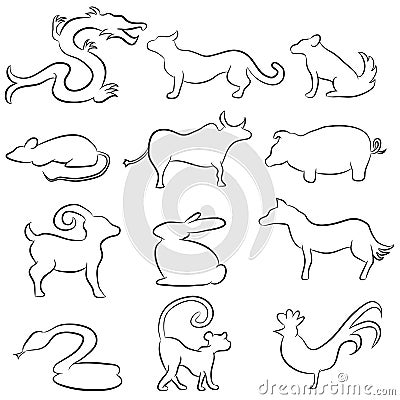 Chinese Astrology Animal Line Drawings Vector Illustration