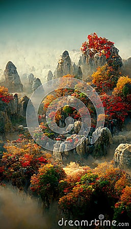 Chinese autumn landscape with autumn trees and majestic mountains. Season background. Digital art. Stock Photo