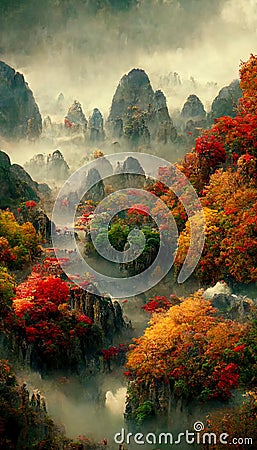 Chinese autumn landscape with autumn trees and majestic mountains. Season background. Digital art. Stock Photo