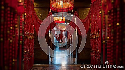 Chinese Beaded Curtain with Red and Gold Tassels Stock Photo