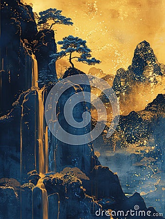 Chinese Blue and gold waterfall mountain landscape watercolor ink painting Stock Photo