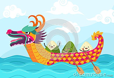 Chinese boat festival. Dragons festivity ship, cartoon asian food symbol. Rice dumplings floating in sea, chinese zongzi Vector Illustration