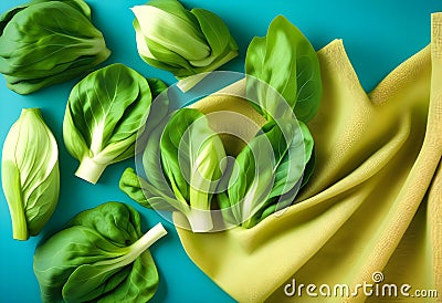 Chinese Bok Choy over blue color tea towel background Stock Photo