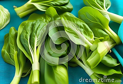 Chinese Bok Choy over blue color tea towel background Stock Photo