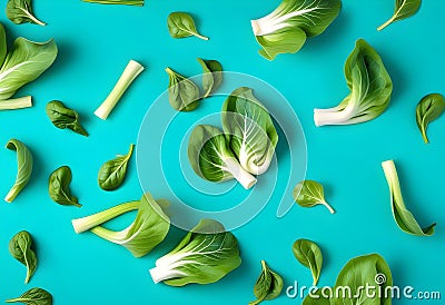 Chinese Bok Choy over blue color tea towel background Stock Photo