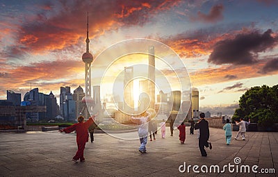 Chinese boxing dance exercise with chinese shanghai city background Editorial Stock Photo