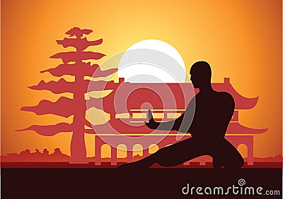 Chinese Boxing Kung Fu martial art famous sport,monk Train to fight,around with Chinese temple Vector Illustration