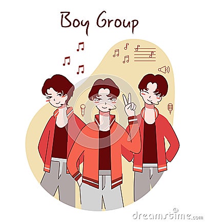 Chinese boy band. Asian pop group of singers, performimg on stage Vector Illustration