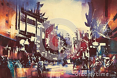 Chinese buildings with people walking in city street Stock Photo