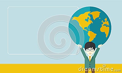 Chinese Businessman carrying big globe Vector Illustration