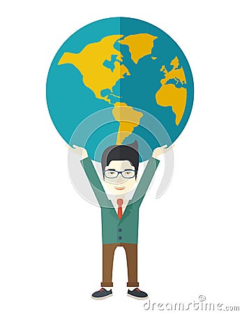 Chinese Businessman carrying big globe Vector Illustration