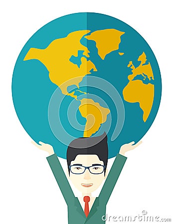 Chinese Businessman carrying big globe Vector Illustration