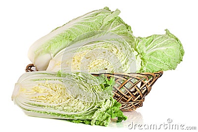 Chinese cabbage in a wicker basket isolated on white background Stock Photo