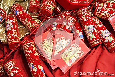 Chinese celebration firecrackers and red envelope Stock Photo