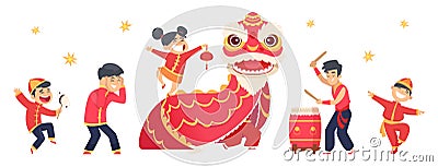 Chinese characters. Asian festive New Year cute boys and girls. Isolated red dragon, carnival event vector illustration Vector Illustration